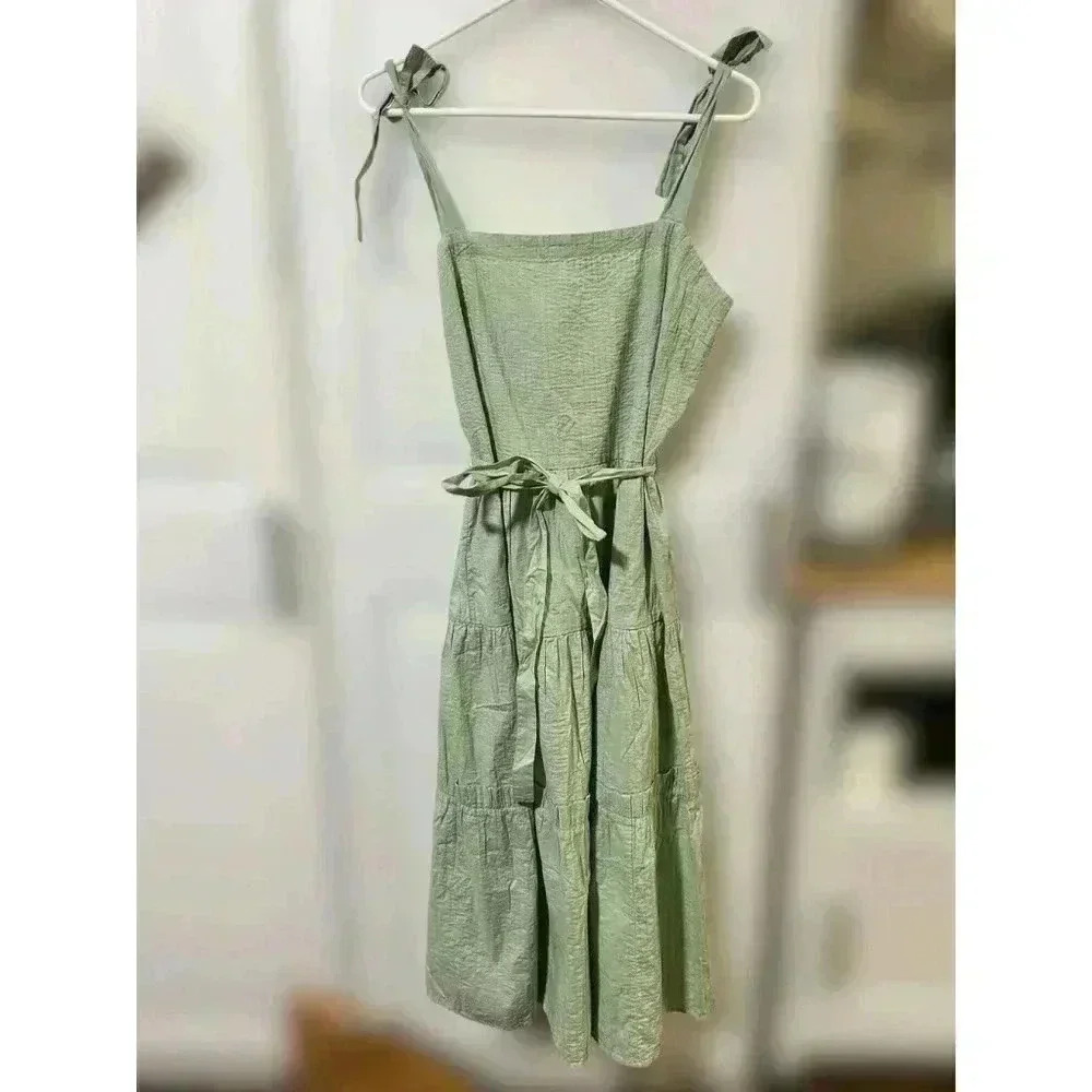 TOPSHOP Womens‎ Tie Shoulder Strap Pintuck Midi Dress In Sage Green Size 12